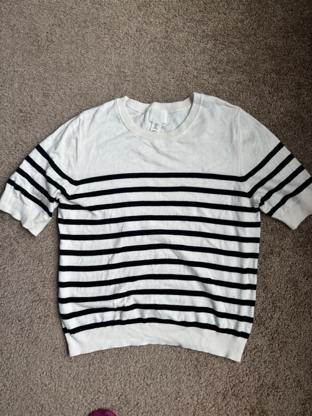 White and Black Striped Short-Sleeve Sweater